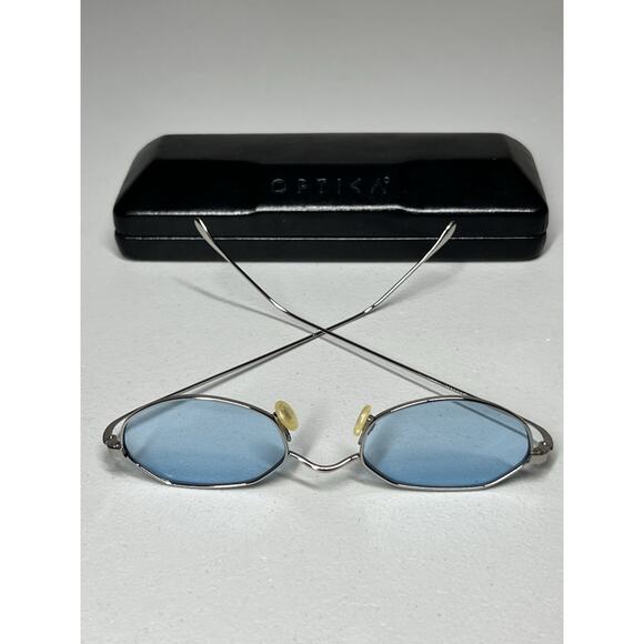 VTG Optica Geometric Wire Frame Sunglasses Silver Tone Metal Blue Lens + Case